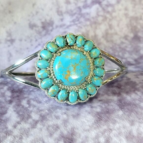 Mojave Blue Turquoise Floral Bangle Bracelet - Picture 1 of 11